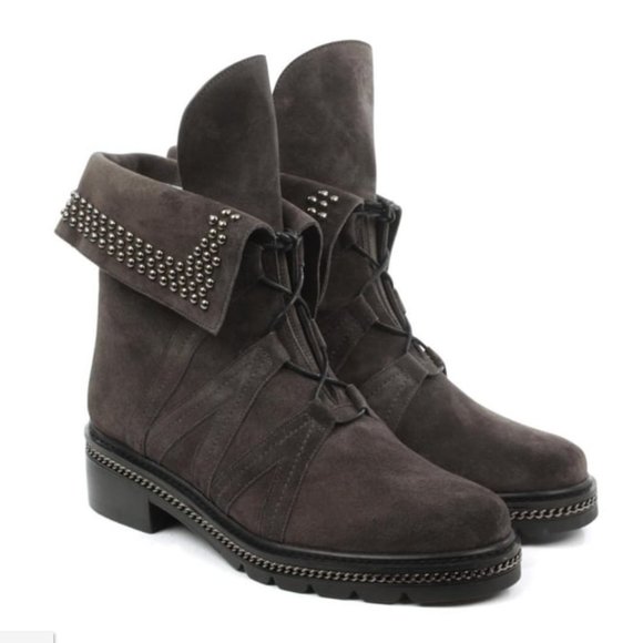 Stuart Weitzman - Yada Stud Grey Leather Biker Boot - Picture 1 of 9
